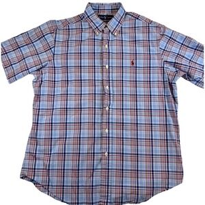 Ralph Lauren Plaid Short Sleeve Button Down Men's L Classic Fit Red Blue Preppy‎